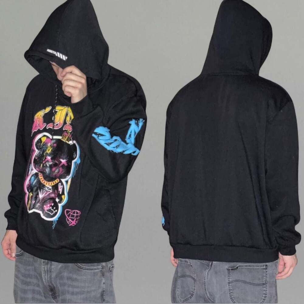 RGSTR Men's Black Graphic Hoodie with King Bear Print and Logo Detail